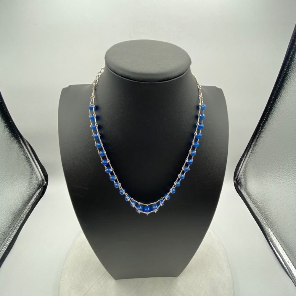 Double Strand Necklace Blue Silver Tone Beaded Ladder Link Gothic Modernist Bold